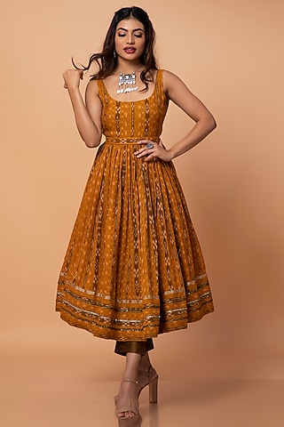 Mustard Cotton Ikat Anarkali Set by ROSA by Priyanka kar