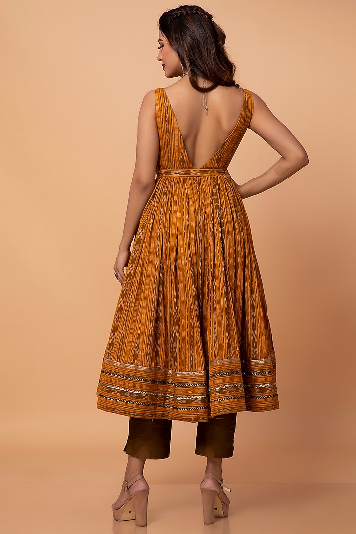 Mustard Cotton Ikat Party Wear Anarkali Set by ROSA by Priyanka kar at Pernia's Pop Up Shop