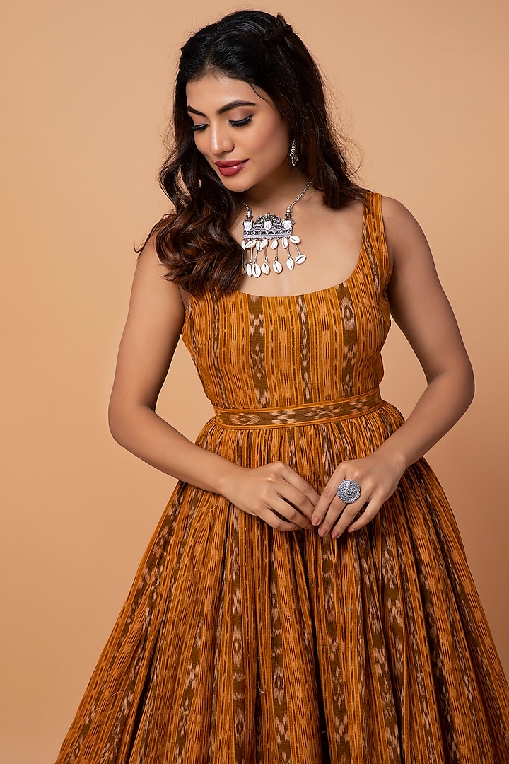 Mustard Cotton Ikat Party Wear Anarkali Set by ROSA by Priyanka kar at Pernia's Pop Up Shop