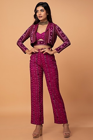 Magenta Cotton Ikat Jacket Set by ROSA by Priyanka kar