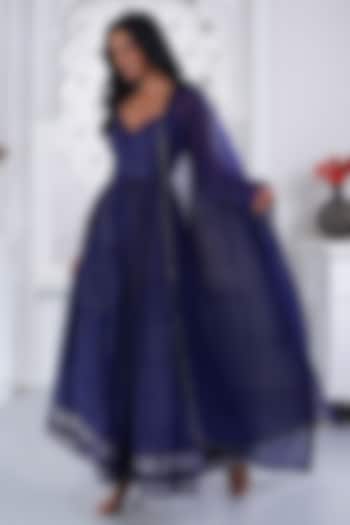 Blue Cotton Handloom Printed Party Wear Anarkali Set by ROSA by Priyanka kar at Pernia's Pop Up Shop