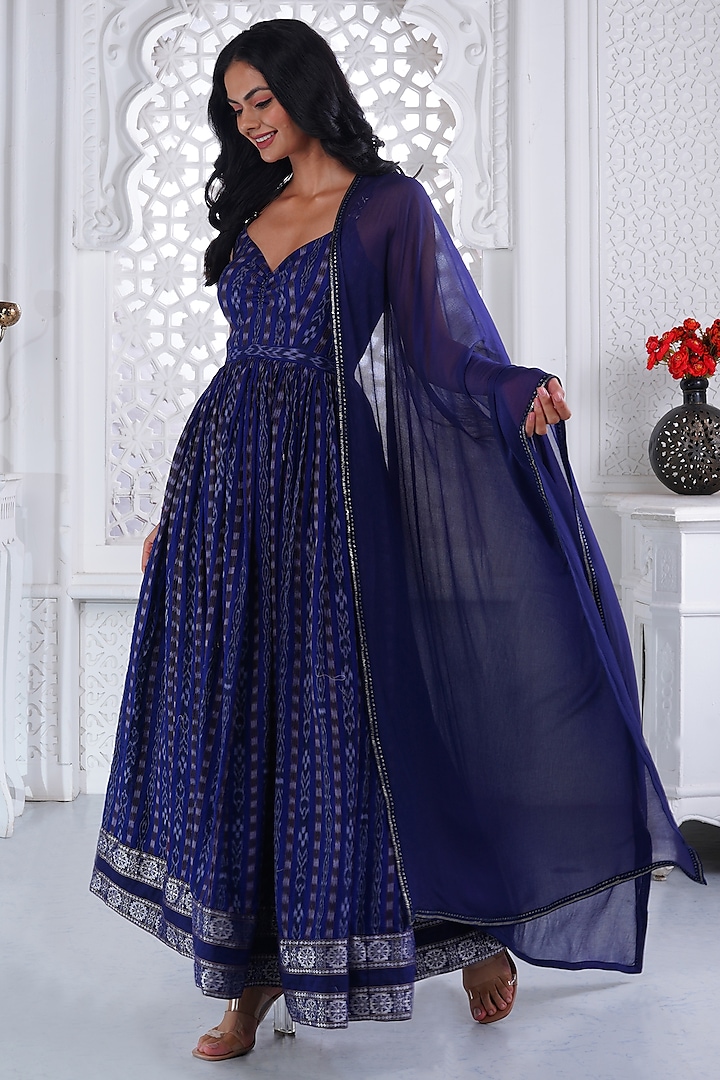 Blue Cotton Handloom Printed Party Wear Anarkali Set by ROSA by Priyanka kar at Pernia's Pop Up Shop