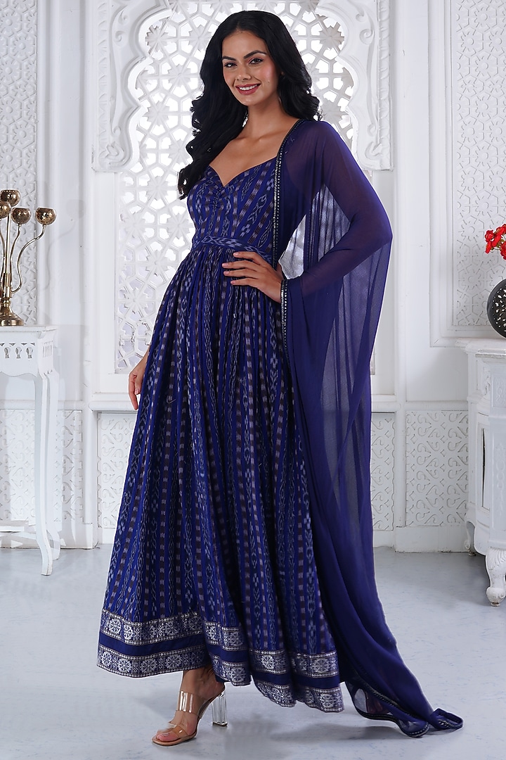 Blue Cotton Handloom Printed Anarkali Set by ROSA by Priyanka kar