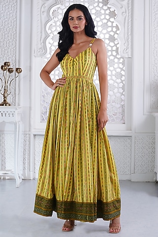 Lemon Yellow Cotton Handloom Printed Anarkali Set by ROSA by Priyanka kar
