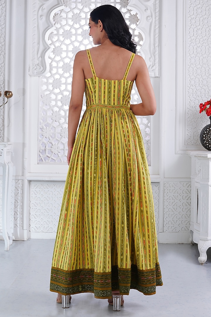 Lemon Yellow Cotton Handloom Printed Party Wear Anarkali Set by ROSA by Priyanka kar at Pernia's Pop Up Shop