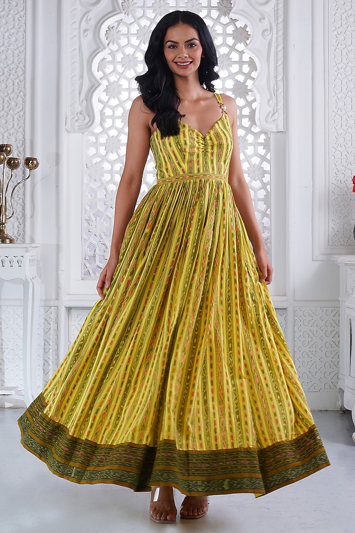 Lemon Yellow Cotton Handloom Printed Party Wear Anarkali Set by ROSA by Priyanka kar at Pernia's Pop Up Shop