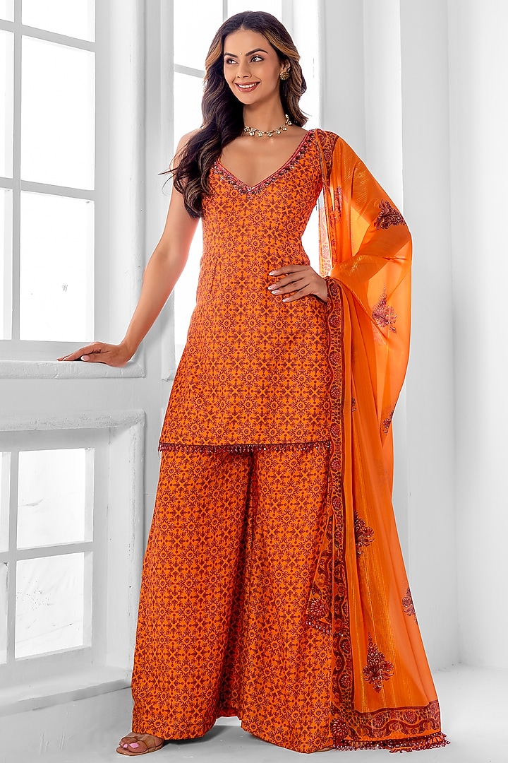 Orange 2way Fabric Abstract Printed Party Wear Sharara Set by ROSA by Priyanka kar at Pernia's Pop Up Shop