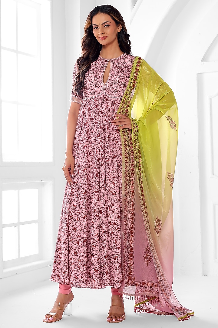 Pink 2way Fabric Abstract Printed Party Wear Anarkali Set by ROSA by Priyanka kar at Pernia's Pop Up Shop