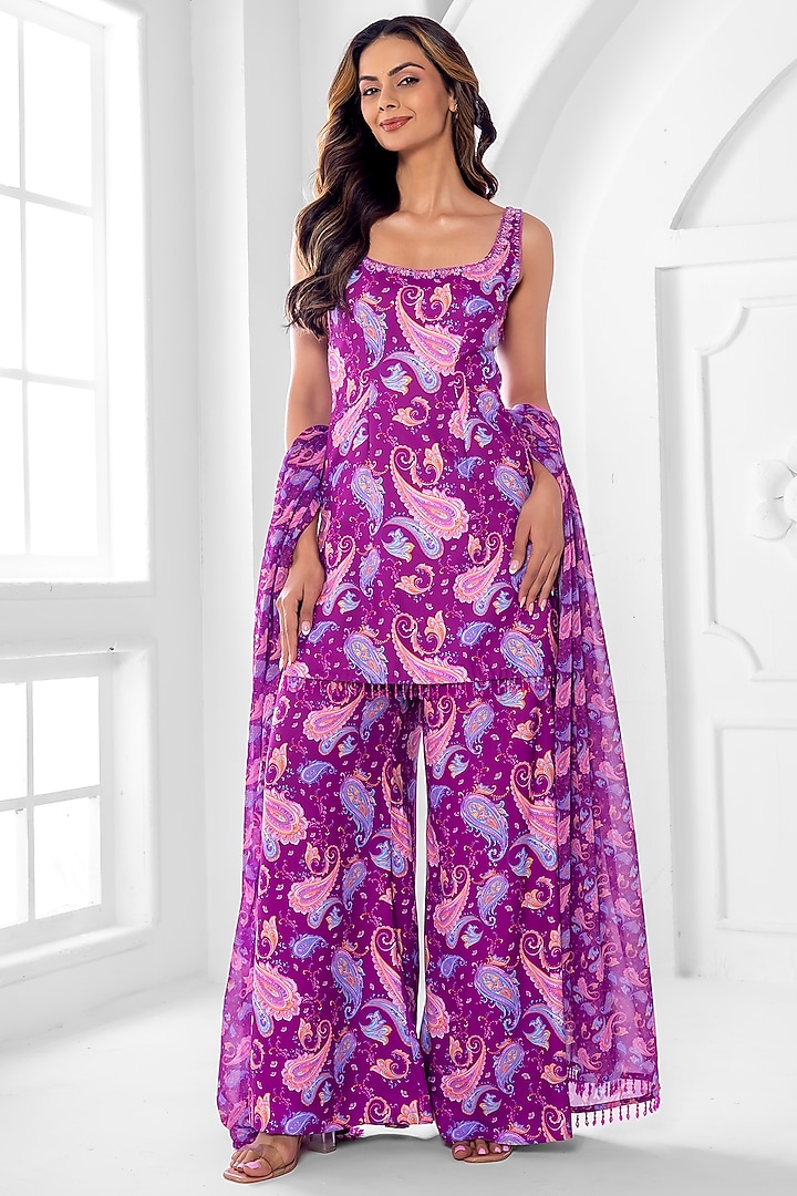 Purple Georgette Abstract Printed Party Wear Sharara Set by ROSA by Priyanka kar at Pernia's Pop Up Shop