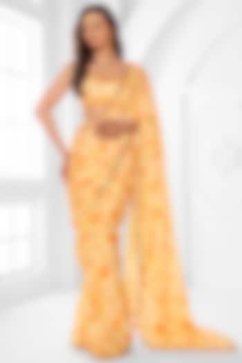 Yellow Georgette Abstract Printed Pre-Draped Wedding Saree Set by ROSA by Priyanka kar at Pernia's Pop Up Shop