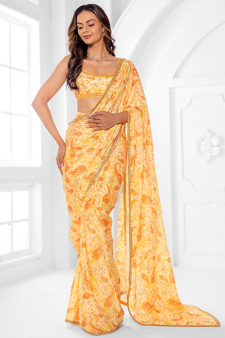 Yellow Georgette Abstract Printed Pre-Draped Wedding Saree Set by ROSA by Priyanka kar at Pernia's Pop Up Shop