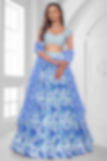 White & Blue Chinon Chiffon Abstract Printed Wedding Lehenga Set by ROSA by Priyanka kar at Pernia's Pop Up Shop