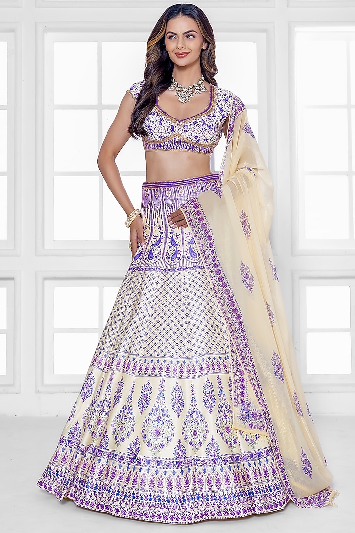 Yellow Dull Satin Abstract Printed Wedding Lehenga Set by ROSA by Priyanka kar at Pernia's Pop Up Shop