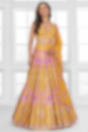 Mustard Yellow Dull Satin Abstract Printed Wedding Lehenga Set by ROSA by Priyanka kar at Pernia's Pop Up Shop