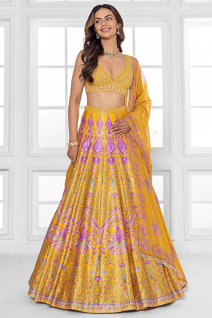 Mustard Yellow Dull Satin Abstract Printed Wedding Lehenga Set by ROSA by Priyanka kar at Pernia's Pop Up Shop