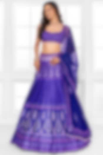 Indigo Blue Dull Satin Abstract Printed Wedding Lehenga Set by ROSA by Priyanka kar at Pernia's Pop Up Shop
