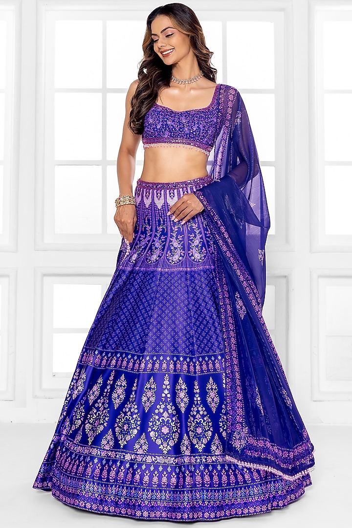 Indigo Blue Dull Satin Abstract Printed Wedding Lehenga Set by ROSA by Priyanka kar at Pernia's Pop Up Shop