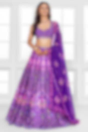 Purple Dull Satin Abstract Printed Wedding Lehenga Set by ROSA by Priyanka kar at Pernia's Pop Up Shop