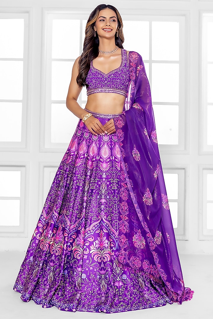 Purple Dull Satin Abstract Printed Wedding Lehenga Set by ROSA by Priyanka kar at Pernia's Pop Up Shop