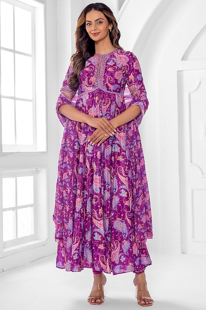 Purple Chinon Chiffon Abstract Printed Wedding Lehenga Set by ROSA by Priyanka kar at Pernia's Pop Up Shop