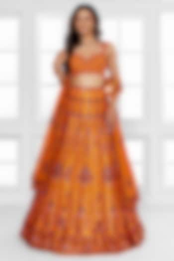 Orange Dull Satin Abstract Printed Wedding Lehenga Set by ROSA by Priyanka kar at Pernia's Pop Up Shop