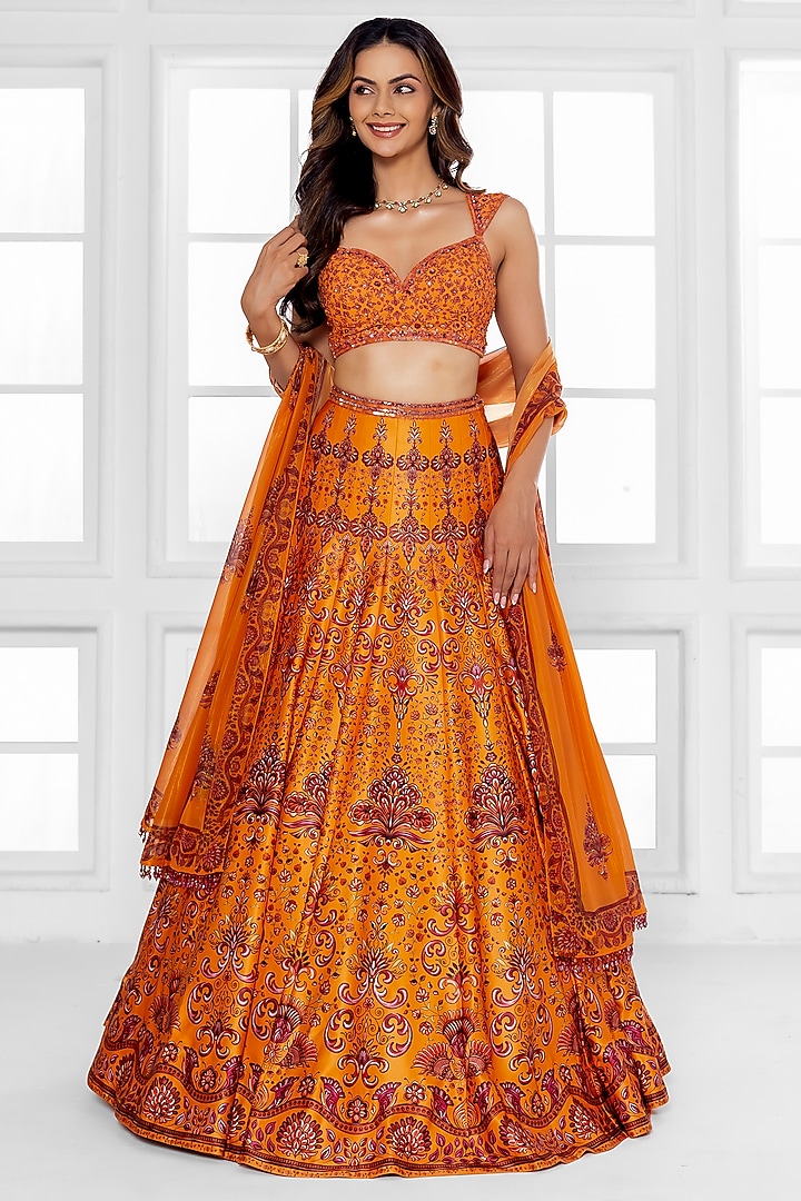 Orange Dull Satin Abstract Printed Wedding Lehenga Set by ROSA by Priyanka kar at Pernia's Pop Up Shop