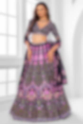 Black Dull Satin Abstract Printed Wedding Lehenga Set by ROSA by Priyanka kar at Pernia's Pop Up Shop