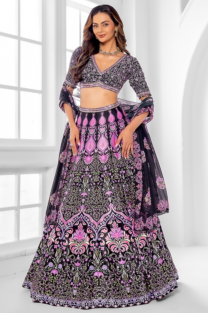 Black Dull Satin Abstract Printed Wedding Lehenga Set by ROSA by Priyanka kar at Pernia's Pop Up Shop