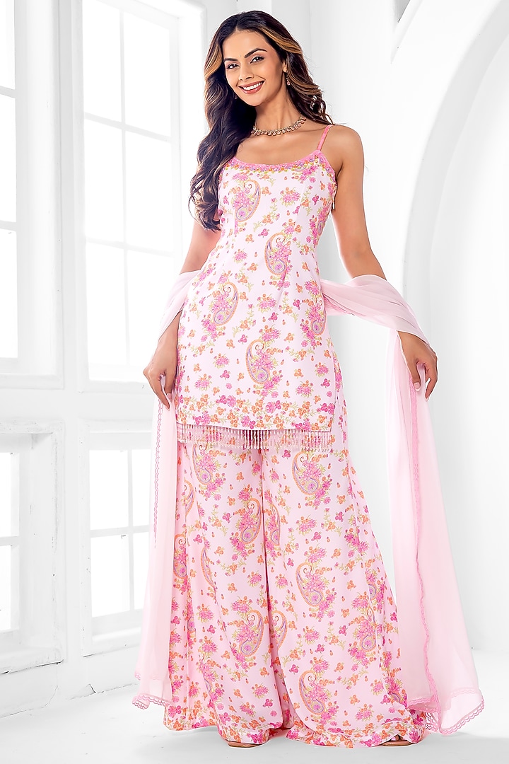 Blush Pink Georgette Abstract Printed Party Wear Sharara Set by ROSA by Priyanka kar at Pernia's Pop Up Shop