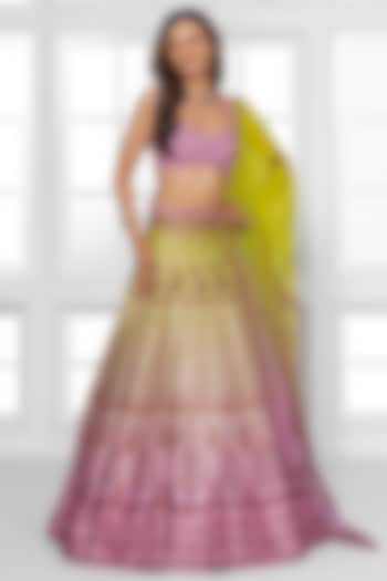 Parrot Green & Pink Shaded Dull Satin Abstract Printed Wedding Lehenga Set by ROSA by Priyanka kar at Pernia's Pop Up Shop