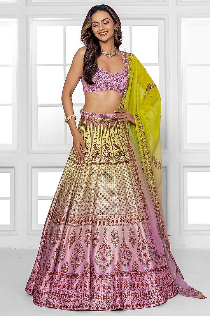 Parrot Green & Pink Shaded Dull Satin Abstract Printed Wedding Lehenga Set by ROSA by Priyanka kar at Pernia's Pop Up Shop