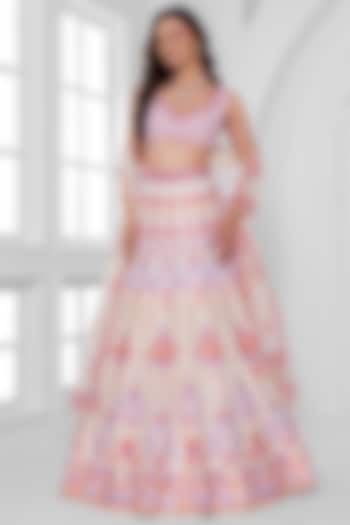 Light Yellow & Pink Shaded Dull Satin Abstract Printed Wedding Lehenga Set by ROSA by Priyanka kar at Pernia's Pop Up Shop