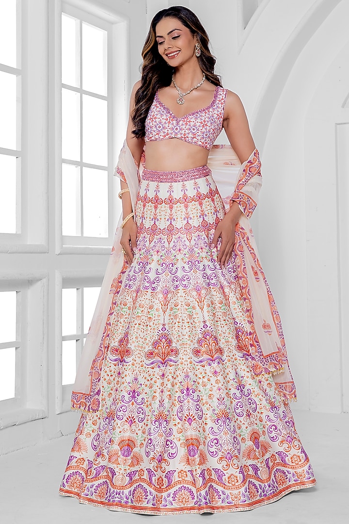 Light Yellow & Pink Shaded Dull Satin Abstract Printed Wedding Lehenga Set by ROSA by Priyanka kar at Pernia's Pop Up Shop