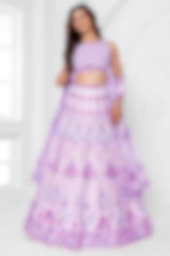 Purple & Pink Shaded Dull Satin Abstract Printed Wedding Lehenga Set by ROSA by Priyanka kar at Pernia's Pop Up Shop