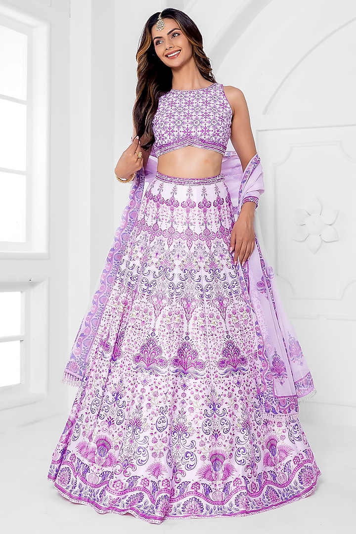Purple & Pink Shaded Dull Satin Abstract Printed Wedding Lehenga Set by ROSA by Priyanka kar at Pernia's Pop Up Shop