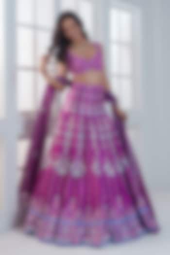 Magenta Pink Viscose Dull Satin Handwork Wedding Lehenga Set by ROSA by Priyanka kar at Pernia's Pop Up Shop