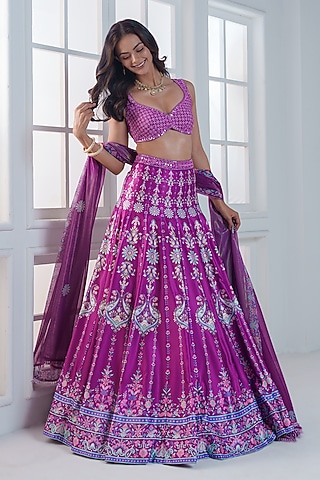 Magenta Pink Viscose Dull Satin Handwork Lehenga Set by ROSA by Priyanka kar