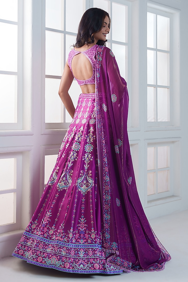 Magenta Pink Viscose Dull Satin Handwork Wedding Lehenga Set by ROSA by Priyanka kar at Pernia's Pop Up Shop