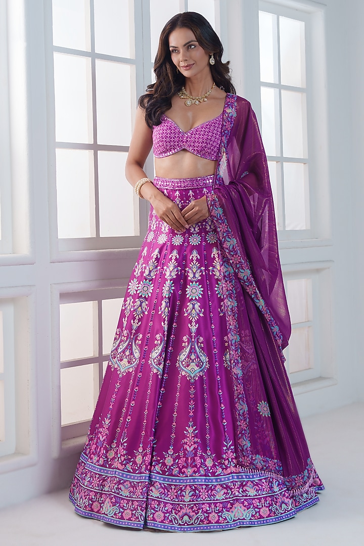 Magenta Pink Viscose Dull Satin Handwork Wedding Lehenga Set by ROSA by Priyanka kar at Pernia's Pop Up Shop