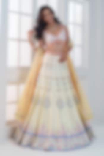 Lemon Yellow Viscose Dull Satin Handwork Wedding Lehenga Set by ROSA by Priyanka kar at Pernia's Pop Up Shop