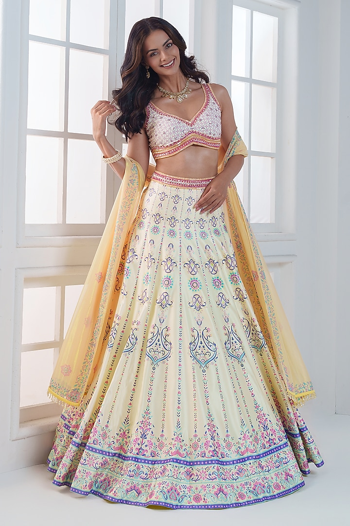 Lemon Yellow Viscose Dull Satin Handwork Wedding Lehenga Set by ROSA by Priyanka kar at Pernia's Pop Up Shop