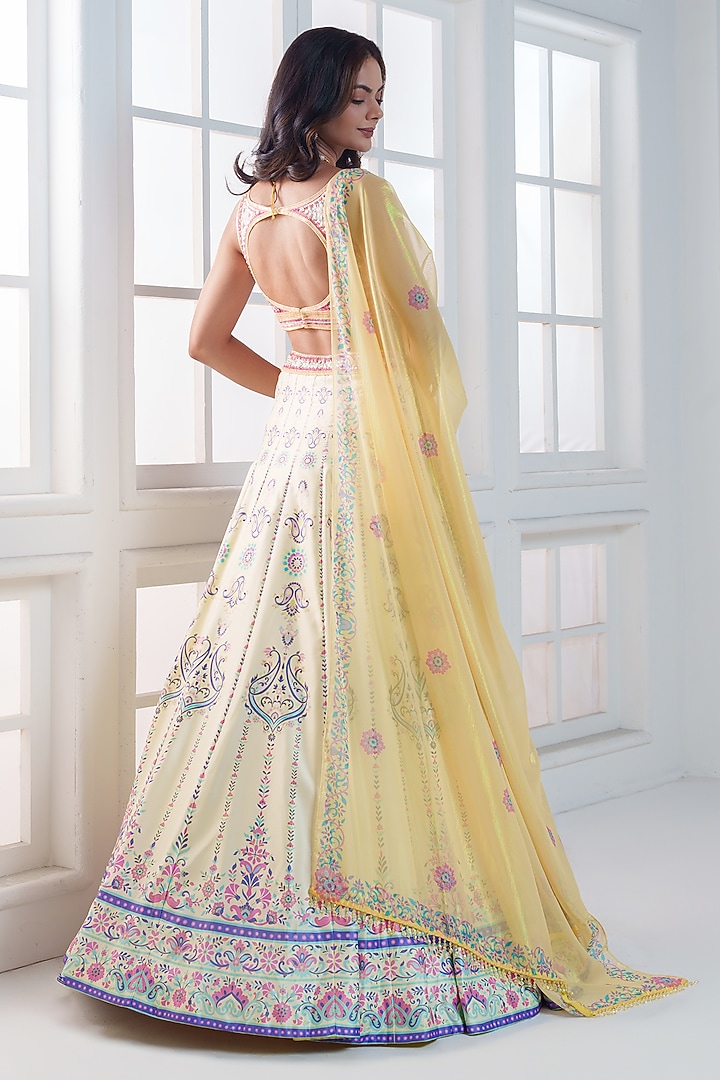 Lemon Yellow Viscose Dull Satin Handwork Wedding Lehenga Set by ROSA by Priyanka kar at Pernia's Pop Up Shop