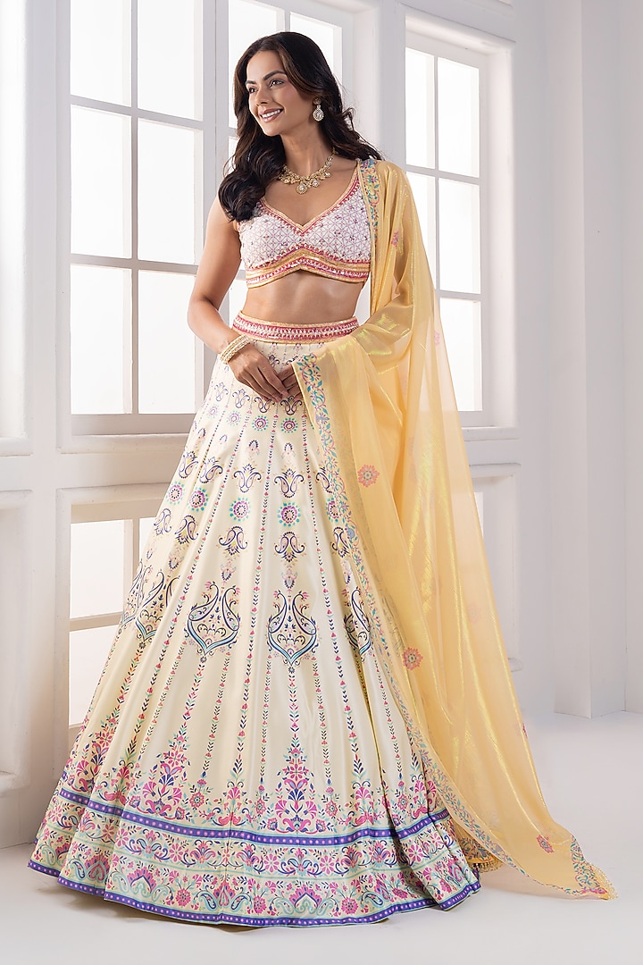 Lemon Yellow Viscose Dull Satin Handwork Wedding Lehenga Set by ROSA by Priyanka kar at Pernia's Pop Up Shop