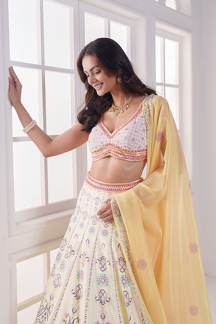 Lemon Yellow Viscose Dull Satin Handwork Wedding Lehenga Set by ROSA by Priyanka kar at Pernia's Pop Up Shop