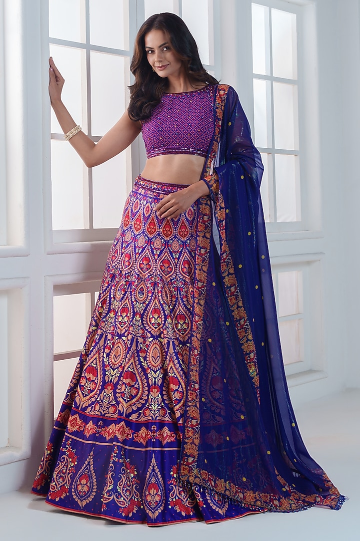Purple & Blue Viscose Dull Satin Handwork Wedding Lehenga Set by ROSA by Priyanka kar at Pernia's Pop Up Shop