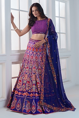 Purple & Blue Viscose Dull Satin Handwork Lehenga Set by ROSA by Priyanka kar