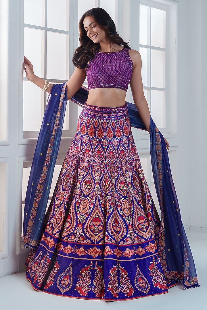 Purple & Blue Viscose Dull Satin Handwork Wedding Lehenga Set by ROSA by Priyanka kar at Pernia's Pop Up Shop
