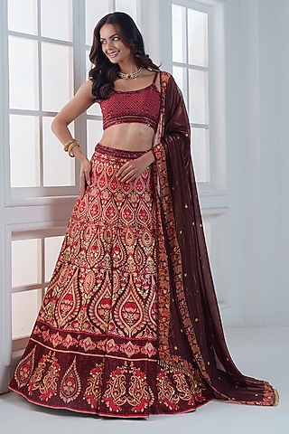 Maroon Viscose Dull Satin Handwork Lehenga Set by ROSA by Priyanka kar