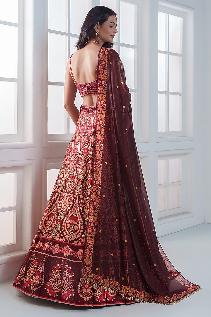 Maroon Viscose Dull Satin Handwork Wedding Lehenga Set by ROSA by Priyanka kar at Pernia's Pop Up Shop