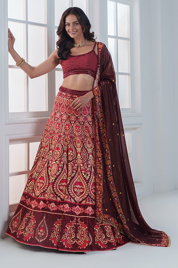 Maroon Viscose Dull Satin Handwork Wedding Lehenga Set by ROSA by Priyanka kar at Pernia's Pop Up Shop